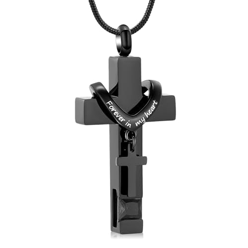 Cross Cremation Jewelry Urn Necklace for Human Ashes for Women Men Memorial Ashes Keepsake Birthstone Pendant - color: Black-Black