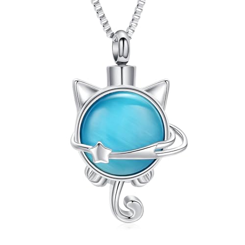 XSMZB Pet Cremation Ashes Jewelry Moonstone Cat Urn Necklace for Ashes for Women Men Lovely Cat Memorial Urn Locket Keepsake Pendant Gift - color: Silver
