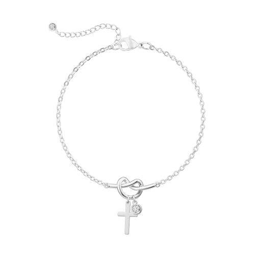 Moodear Cross Bracelet for Women, Dainty Sterling Silver/Gold Plated Gift | Christian Religious Gifts for Teen, Stocking Stuffers, Adjustable Link Bracelets, Sparkling CZ Cross, Non Tarnish Jewelry - color: Silver Knot Cross Bracelet
