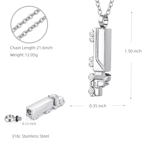 18 Wheeler Semi Truck Urn Necklace for Ashes Stainless Steel Cremation Memorial Pendant Trucker Keepsake Gift for Men Women - color: Silver