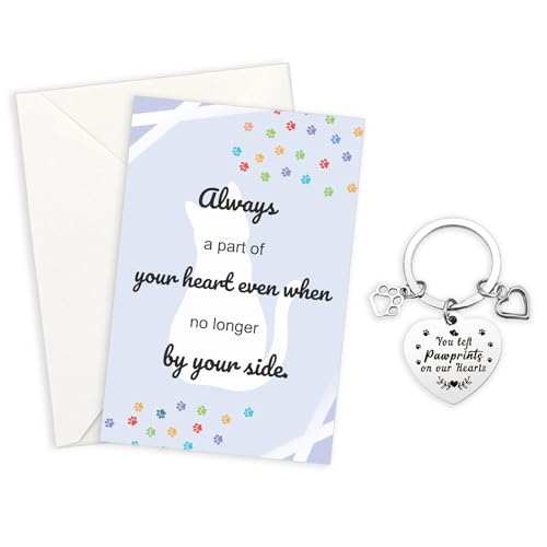 Pet Sympathy Card for Cat with Pet Memorial Keychain, Cat Memorial Gifts, Bereavement Gifts for Loss of Pets Sympathy Cards with Envelopes Condolences Gift for Loss