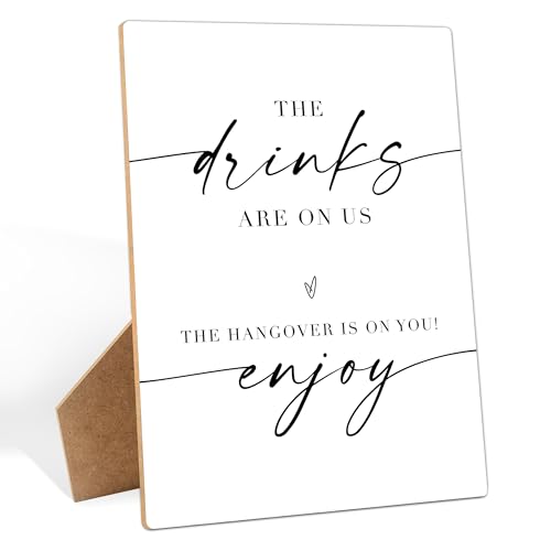 The Drinks Are On Us - Wedding Signs for Reception, 8×11" Minimalist Wooden Table Sign With Stand Wedding Bar Sign for Bridal Shower, Engagement, Wedding Shower Decorations, 02 - style: The Drinks Are On Us 02