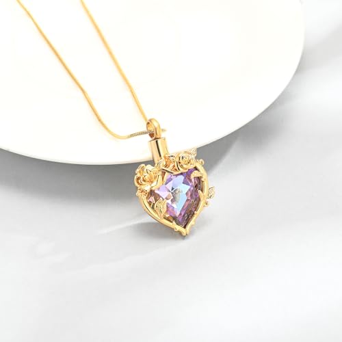 Cremation Jewelry for Ashes Rose Flower Urn Necklace with Crystal Heart Ashes Pendant Butterfly Necklaces for Women Men Memorial Keepsake Jewelry Gift - color: Gold-purple