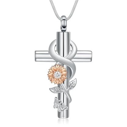 Cross Sunflower Cremation Jewelry Urn Necklaces Cross Urn Pendant Necklaces for Ashes Memorial Keepsake Pendant for Women Men Gifts With Funnel Kit & Bag - color: Rose+White