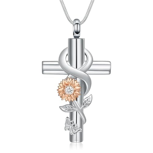 Cross Sunflower Cremation Jewelry Urn Necklaces Cross Urn Pendant Necklaces for Ashes Memorial Keepsake Pendant for Women Men Gifts With Funnel Kit & Bag - color: Rose+White