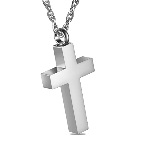 Cremation Cross Necklace for Ashes, Blank Cross Urns Locket Pendant Ashes Holder Stainless Steel Memorial Jewelry - color: Silver
