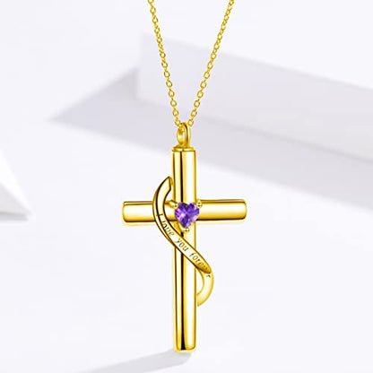 SOULMEET Personalize Solid 10k 14k 18k Real Gold Birthstone Cross Locket for Ashes, Simulated Gemstone Cross Urn Necklaces with Gold Chain Keepsake Cremation Jewelry - style: B-Gold February