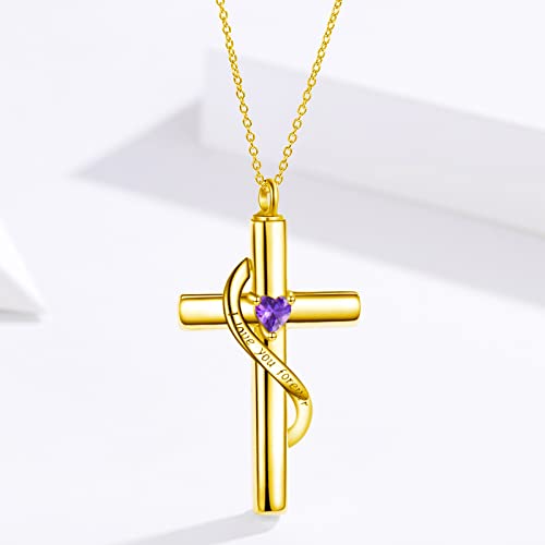 SOULMEET Crystal Cross Necklace for Ashes, Sterling Silver I Love You Forever Birthstone Cross Urn Necklaces for Ashes Keepsake Cremation Jewelry for Pet Human Ashes - style: B-Gold-February