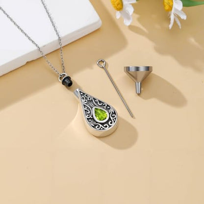 Teardrop Urn Necklace for Ashes Filigree Birthstone Keepsake Pendant Cremation Jewelry for Ashes Memorial Jewelry Gifts for Loss of a Loved One for Women - style: Aug-Peridot