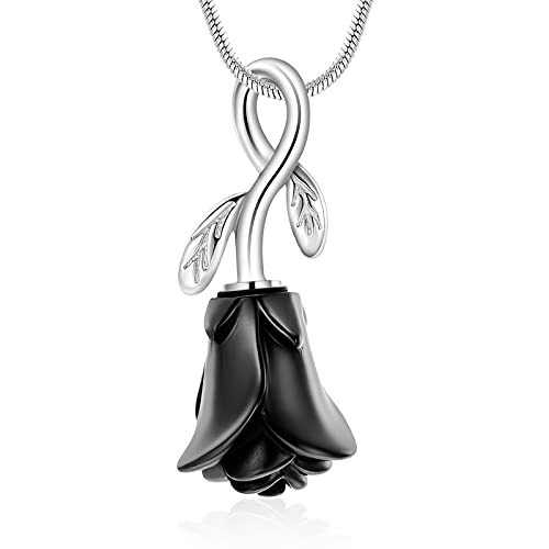Rose Flower Cremation Urn Necklace for Ashes Stainless Steel Memorial Cremation Ash Jewelry Keepsake Pendant Necklace for Women Girl - color: Black