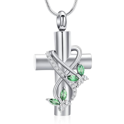 Butterfly Cross Cremation Jewelry Urn Necklaces Stainless Steel Cross Urn Necklaces for Ashes Memorial Keepsake Pendant for Women Gifts With Funnel Kit & Bag - color: Silver+Green