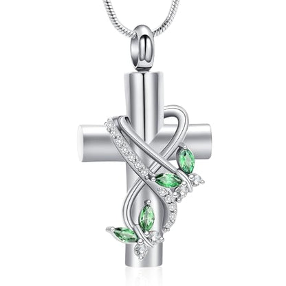 Butterfly Cross Cremation Jewelry Urn Necklaces Stainless Steel Cross Urn Necklaces for Ashes Memorial Keepsake Pendant for Women Gifts With Funnel Kit & Bag - color: Silver+Green