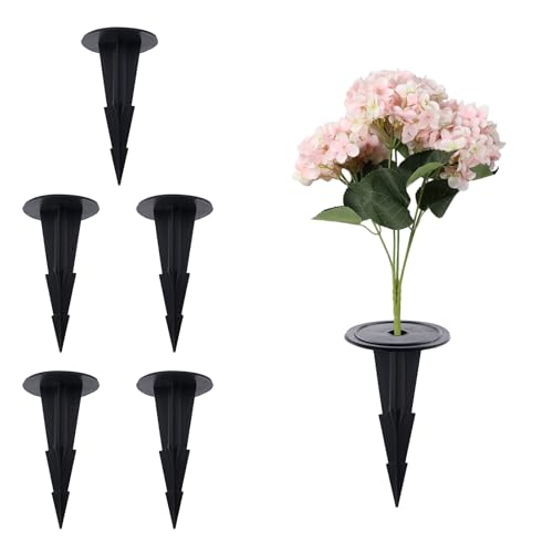 6 PCS Memorial Artificial Flowers Holder, Plastic Floral Ground Spikes, Cemetery Flower Container Stakes, for Outdoor Yard Grave Porch Patio Garden Kitchen Home Planter Pot Vase, Black