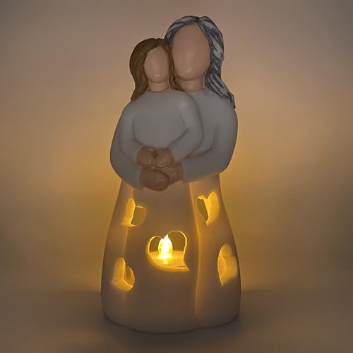 Hand-Painted Grandma-Granddaughter Candle Holder Statue Gift, with Flickering LED Candle | Gigi Grandmother Birthday Gift, Unique Nana Present Ideas for Christmas, Greeting Card Included - color: Grandma & Granddaughter (Light Brown)