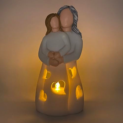 Hand-Painted Grandma-Granddaughter Candle Holder Statue Gift, with Flickering LED Candle | Gigi Grandmother Birthday Gift, Unique Nana Present Ideas for Christmas, Greeting Card Included - color: Grandma & Granddaughter (Light Brown)