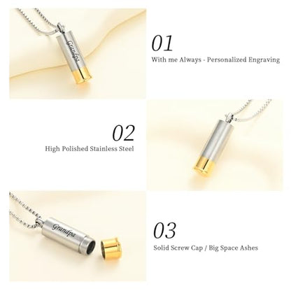 Oinsi Shotgun Shell Cremation Jewelry Urn Necklace For Ashes Of Loved Ones -Dad/Mom/Son/Grandma/Grandpa Cylinder Memorial Locket Pendant Necklace - color: Grandpa