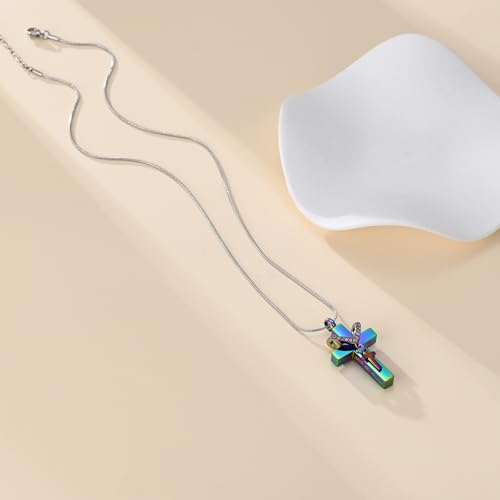 Cross Cremation Jewelry Urn Necklace for Human Ashes for Women Men With Me Always Memorial Ashes Keepsake Pendant - color: Rainbow