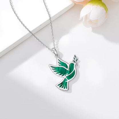 Dove/Hummingbird/Red Cardinal/Dragonfly/Butterfly Necklace 925 Sterling Silver Turquoise/Opal/MoonStone/Crystal/Malachite Bird Necklace Dove Pendant Jewelry for Women Men - color: Dove Malachite