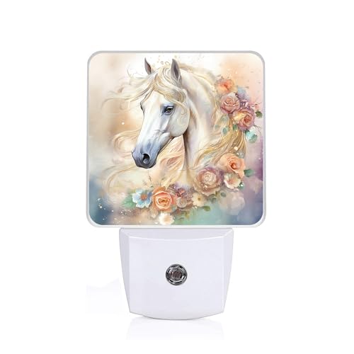 White Horse Night Light,Floral Night Lights Plug into Wall,Led Lamp for Stairway/Hallway/Bedroom 0.5W Nightlight Sleep Friendly - color: White Horse Floral