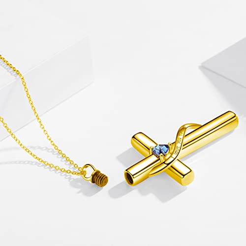 SOULMEET Crystal Cross Necklace for Ashes, Sterling Silver I Love You Forever Birthstone Cross Urn Necklaces for Ashes Keepsake Cremation Jewelry for Pet Human Ashes - style: M-Custom Real Gold + Birthstone