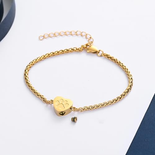 constantlife Heart Cremation Urn Bracelet for Ashes - Stainless Steel Paw Print Pendant Keepsake Jewelry Adjustable Braided Wristband Bangle Pet Dog Cat Memorial Gift for Women - color: Style 2-Golden