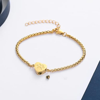 constantlife Heart Cremation Urn Bracelet for Ashes - Stainless Steel Paw Print Pendant Keepsake Jewelry Adjustable Braided Wristband Bangle Pet Dog Cat Memorial Gift for Women - color: Style 2-Golden