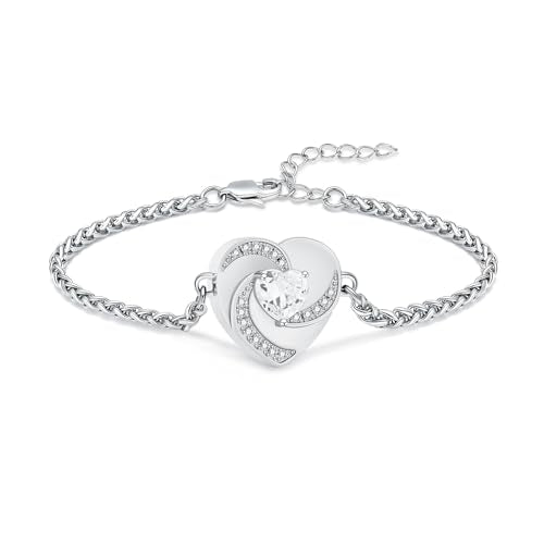 Imrsanl Heart Urn Bracelet for Ashes for Women Inlaid Crystal Ajustable Link Bracelets Cremation Jewelry Keepsake Loved Ones Memorial Ashes Holder - color: Silver-White