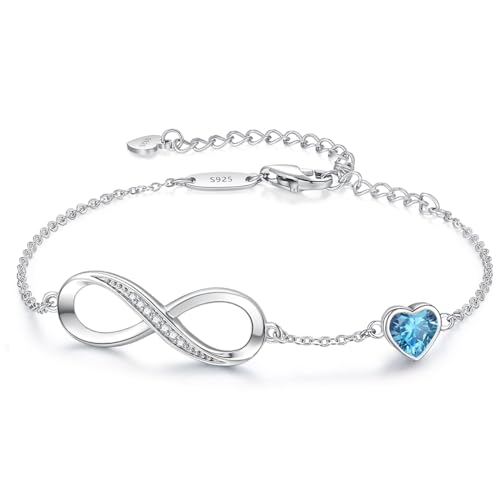 CDE 925 Sterling Silver Infinity Birthstone Bracelet Jewelry Gift for Women | Hypoallergenic,Non Tarnish,Heart CZ,Nickel-Free & Lead-Free,Anniversary Christmas Birthday Idea Gifts for Wife Girlfriend Her - color: 03-Mar.