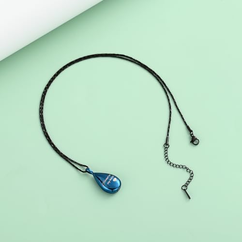 Yinplsmemory Carved Teardrop Keepsake Ashes Necklace Urn Pendant Cremation Memorial Jewelry-Always in my heart - color: Blue