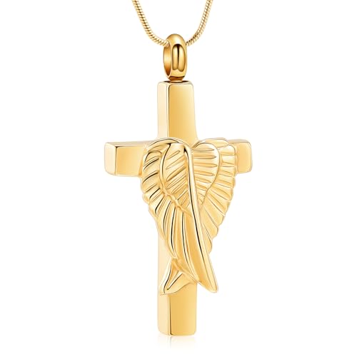 Cross Cremation Jewelry Urn Necklaces Cross Angel Wings Urn Necklaces for Ashes Memorial Keepsake Pendant for Women Men Gifts With Funnel Kit & Bag - color: Gold