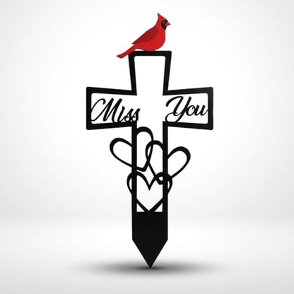 Metal Cardinal Memorial Grave Marker Cross - Miss You Red Bird Sympathy Gift for Cemetery - Weatherproof Garden Remembrance Stake for Loss of Loved One, Bereavement Tribute Decor