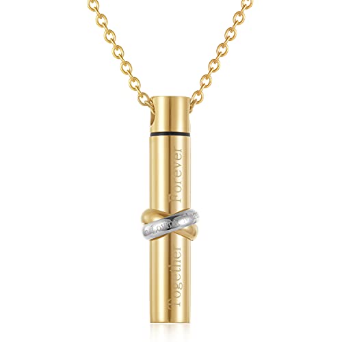 Cylinder Cremation Jewelry for Ashes, Engraved in Loving Memory and Together Forever Memorial Urn Necklace for Women Men Keepsake Pendant Gift - color: Gold