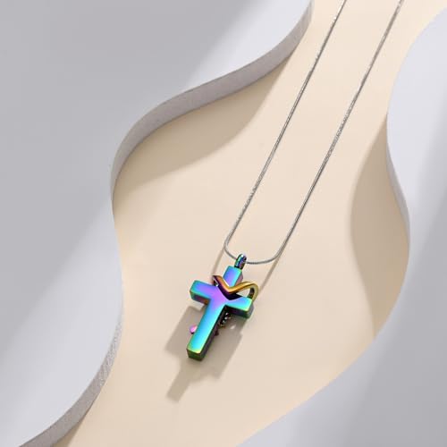 Cross Cremation Jewelry Urn Necklace for Human Ashes for Women Men With Me Always Memorial Ashes Keepsake Pendant - color: Rainbow