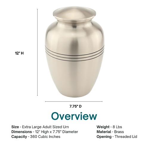Classic Three Bands Pewter Cremation Urn for Ashes - Extra Large, Brass, Silver Urn, Extra Large Adult Sized Cremation Urn, 12 Inches High - size: Extra Large Urn
