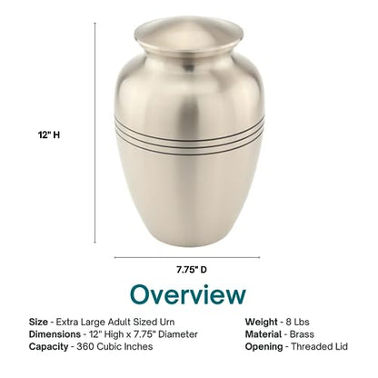 Classic Three Bands Pewter Cremation Urn for Ashes - Extra Large, Brass, Silver Urn, Extra Large Adult Sized Cremation Urn, 12 Inches High - size: Extra Large Urn