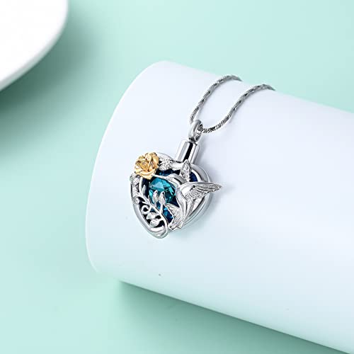 Yinplsmemory Hummingbird Cremation Jewelry Crystal Heart Urn Ashes Necklace for Women Men Memorial Keepsake Necklace of Loved One - color: Blue-Gold