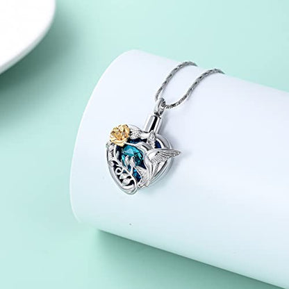 Yinplsmemory Hummingbird Cremation Jewelry Crystal Heart Urn Ashes Necklace for Women Men Memorial Keepsake Necklace of Loved One - color: Blue-Gold
