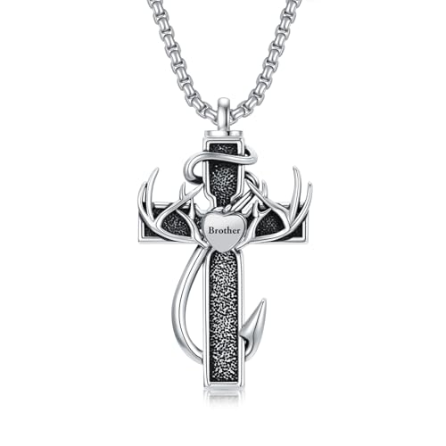 Cross Urn Necklace for Ashes Fish Hook Antler Cremation Pendant 925 Sterling Silver Nail Cross Memorial Jewelry Engraving Name Keepsake Gifts for Men Dad Husband - color: 2-Brother, style: 2-Custom engraving