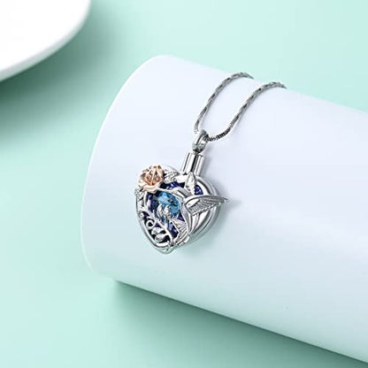 Yinplsmemory Hummingbird Cremation Jewelry Crystal Heart Urn Ashes Necklace for Women Men Memorial Keepsake Necklace of Loved One - color: Purple-Rose gold