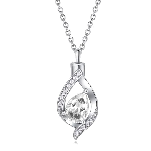 Teardop Cremation Jewelry Urn Necklace for Human Pet Ashes CZ Heart Stainless Steel Urn Pendant Memorial Jewelry Sympathy Gift - color: April