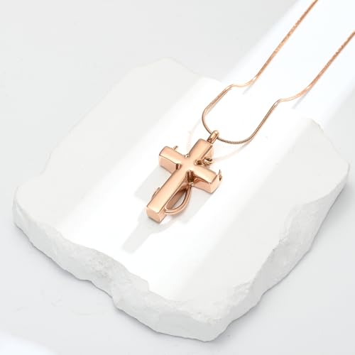 zeqingjw Cross Urn Necklace Fish Hook Cremation Jewelry for Ashes Pendant Stainless Steel Deer Antler Cross Memorial Human Pet Keepsake Ashes Holder for Men Women - color: Rose Gold Cross