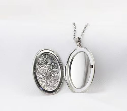 Gold Oval Flower Locket Necklace that Holds Pictures Photo Locket Pendant - color: SilverOval
