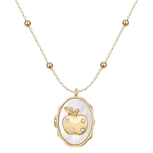 Gold Locket Necklace for Women Vintage, Heart Star Moon Butterfly Angel Holds Picture Photo Oval Locket Pendant Memorial Necklace Personalized Celestial Jewelry Birthday Gifts - style: Oval Apple