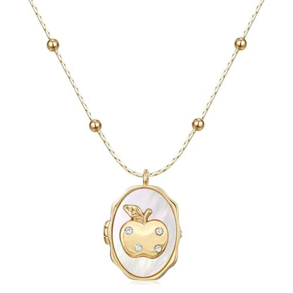 Gold Locket Necklace for Women Vintage, Heart Star Moon Butterfly Angel Holds Picture Photo Oval Locket Pendant Memorial Necklace Personalized Celestial Jewelry Birthday Gifts - style: Oval Apple