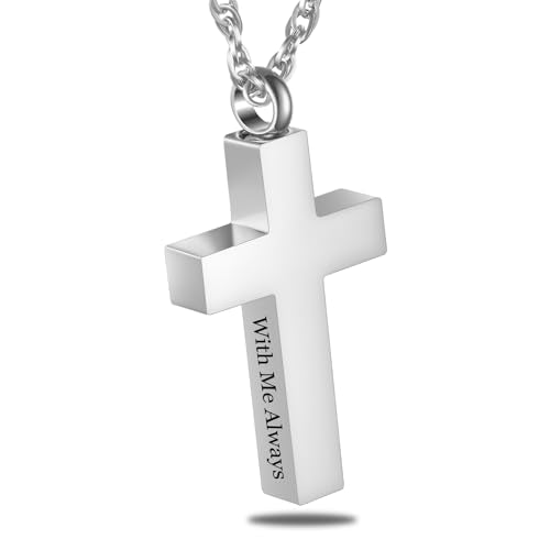 Cremation Cross Necklace for Ashes Cross Urns Locket Pendant Ashes Holder Stainless Steel Memorial Jewelry-With Me Always - color: Silver