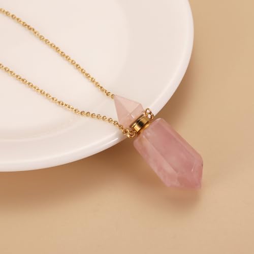 Gold Stainless Steel Urn Necklace For Ashes Of Loved Ones Natural Crystal Gemstones Cremation Keepsake Jewelry Hexagonal Prism Memorial Pendant For Women Mom - color: Pink