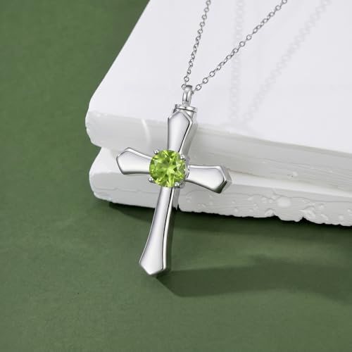 YYB Urn Necklace for Ashes Women Heart Birthstone Cross Cremation Jewelry | Memorial Keepsake Funeral Jewelry for Loved Ones (with Funnel Filler) - color: 08--Peridot August