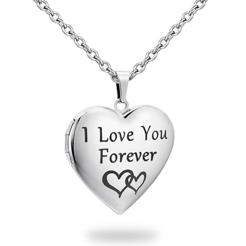 PHOCKSIN Personalized Locket Necklace for Women Photo Necklace with Customized Picture Birth Flower Birthstone Customizable Birthday Gifts - color: #16 Heart Silver Forever