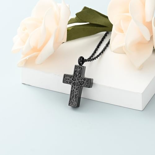 shajwo Tree of Life Cross Cremation Jewelry Urn Necklaces for Ashes | Memorial Ashes Pendant Necklace of Loved One Women Men Ashes Keepsake Necklace - color: Black