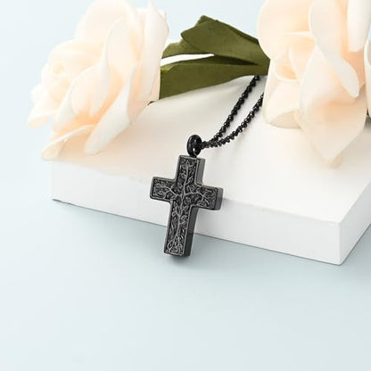 shajwo Tree of Life Cross Cremation Jewelry Urn Necklaces for Ashes | Memorial Ashes Pendant Necklace of Loved One Women Men Ashes Keepsake Necklace - color: Black